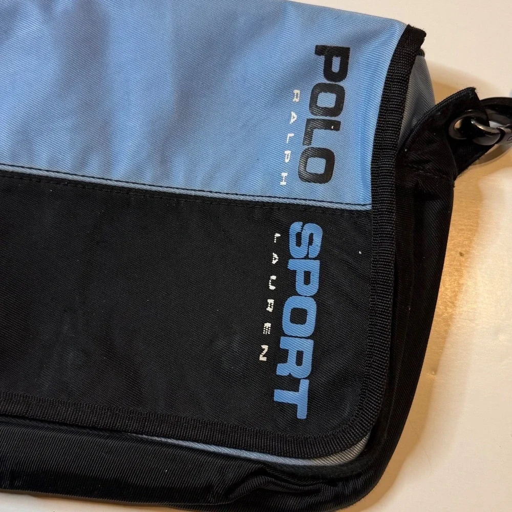 Vintage Polo Sport Messenger Bag Small Blue Black Nylon Crossbody 90s